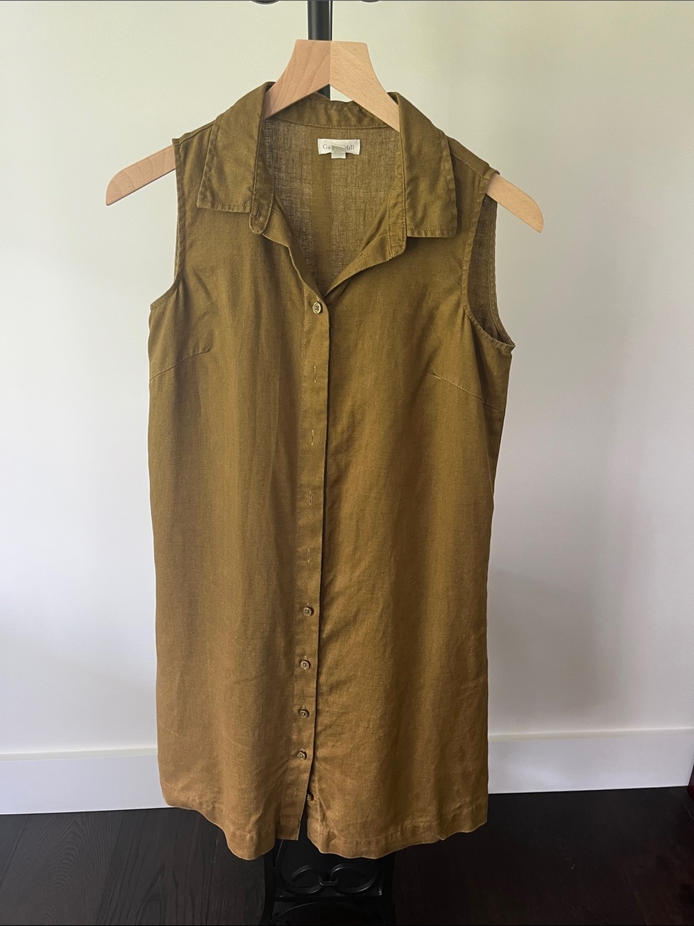 Garnet Hill Olive Green Linen Sleeveless Button-Front Shirt Dress